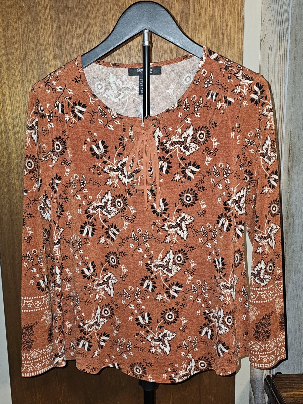 Style & Co. Rust Floral Tie-Front Long Sleeve Petite Top